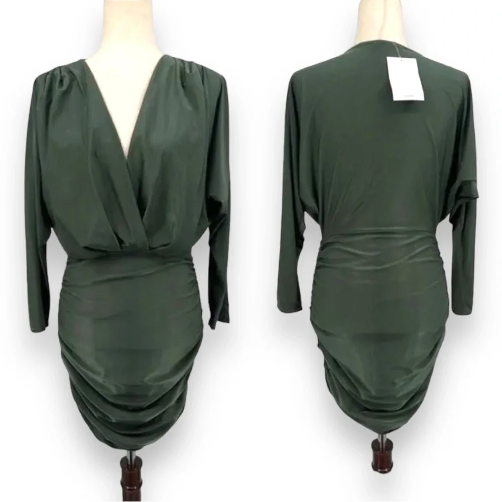 SOLD! Olive Green Surplice Batwing Midi Ruched Long Sleeve Dress Size Medium/8 - Picture 7 of 10